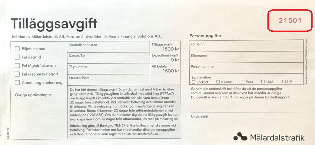 Tilläggsavgift med kontrollsiffror i rött högst upp till höger