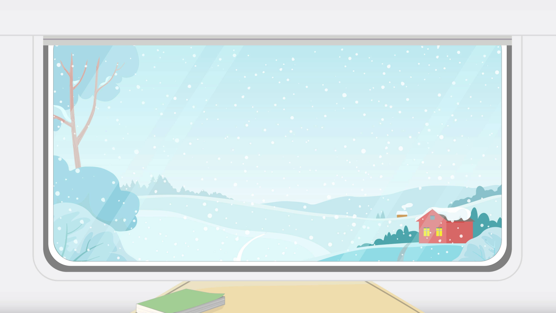 En illustration av ett vinterlandskap sett genom ett tågfönster. Det snöar, och ett rött hus med gula fönster står bland snötäckta kullar och träd.